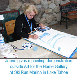 Janne give a painting demonstration at Art for the Home Gallery at the Ski Run Marina in Lake Tahoe